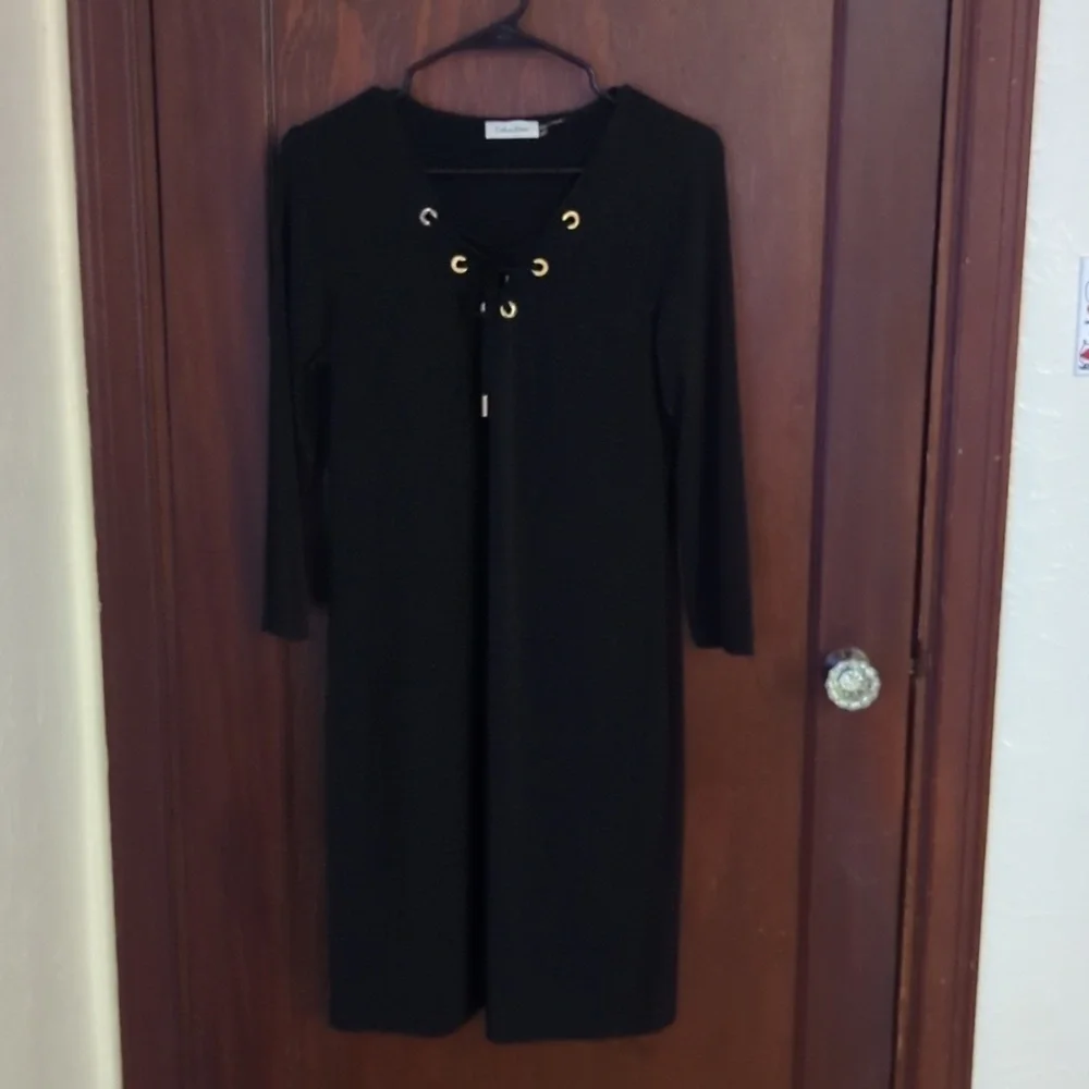 Calvin Klein Black Stretch 3/4 Sleeve Gold Tie V Neck Dress Size 10